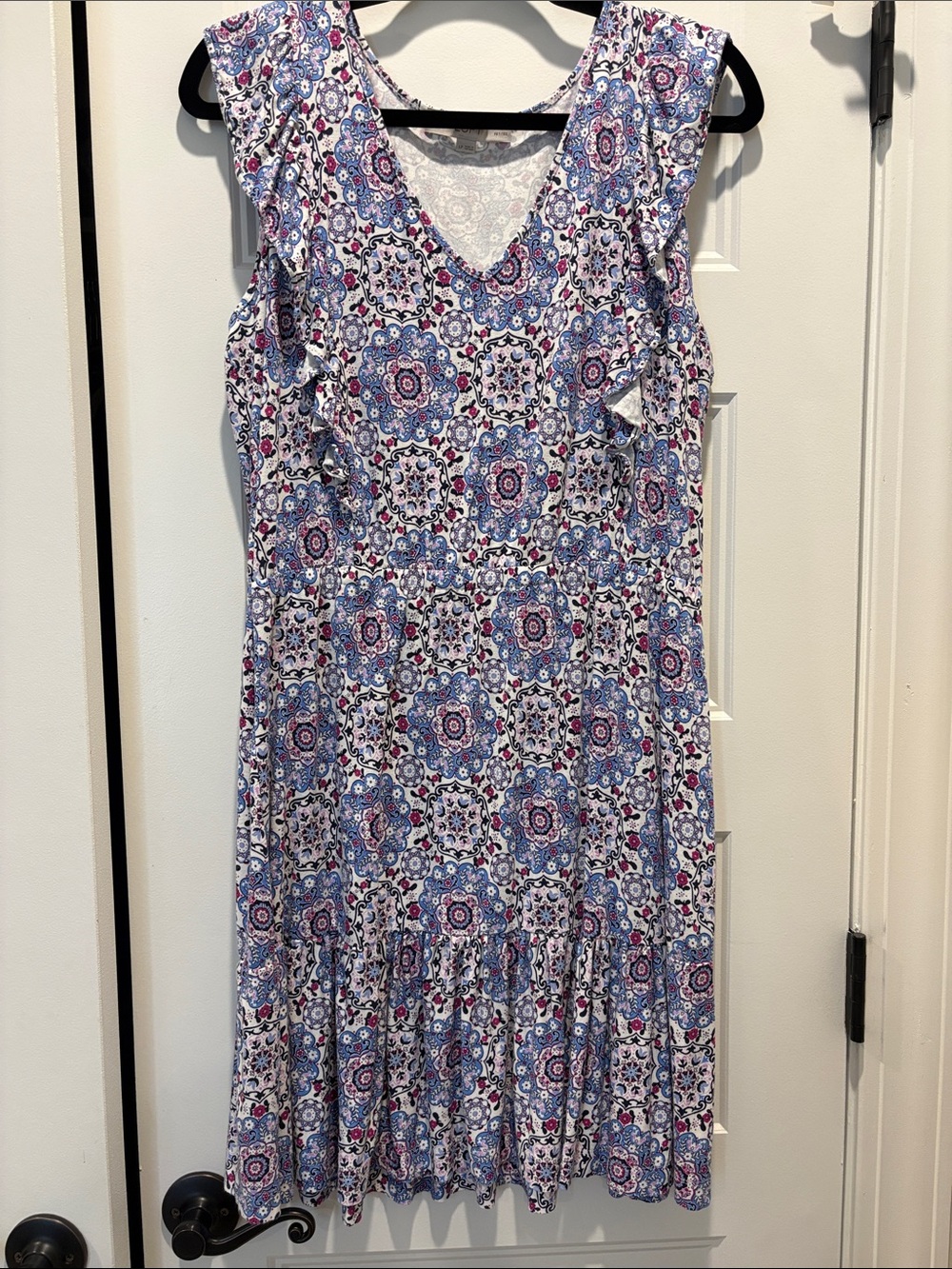 LOFT Sleeveless V-Neck Midi Dress in Blue and Pink Medallion Print